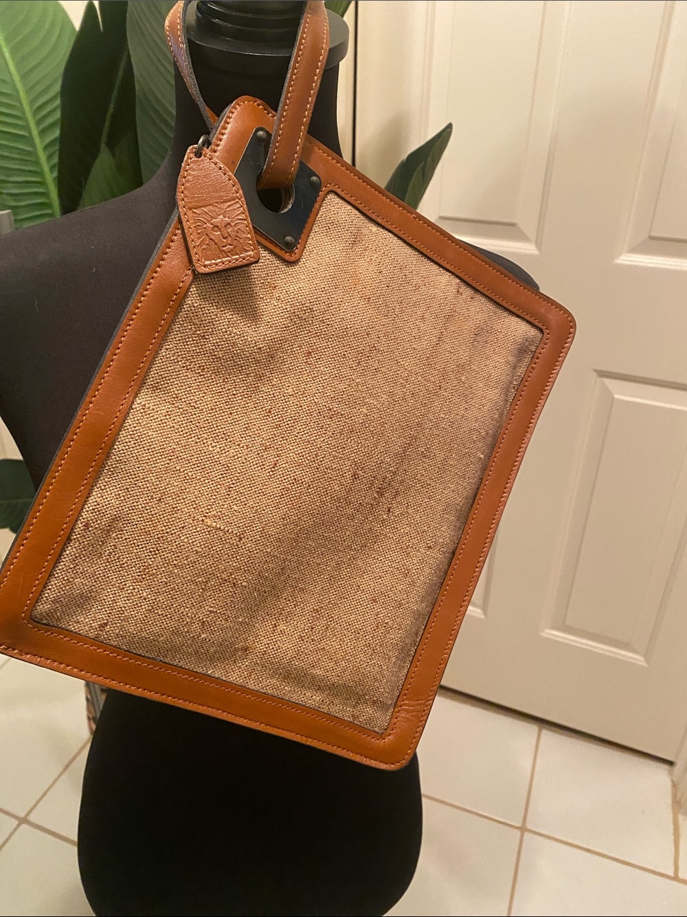 Anne Klein Tan Canvas & Cognac Leather Trim Wristlet Clutch